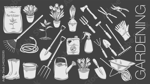 Fotografie, Tablou Gardening tools and plants or flowers glyph icons