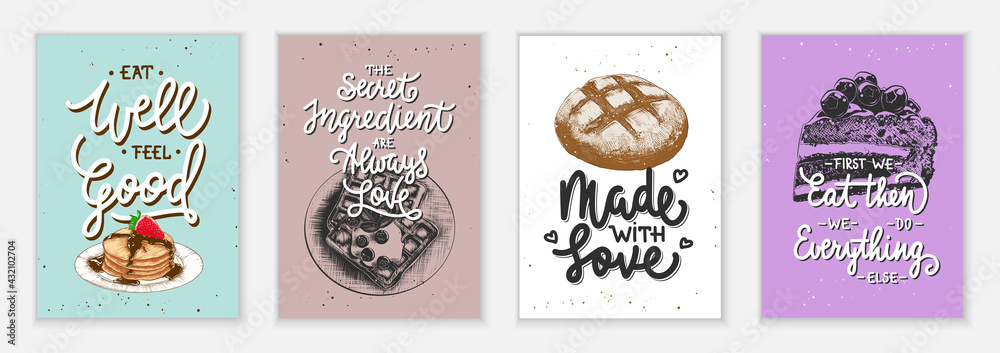 Set of 4 advertising and inspirational baked food and eating lettering ...