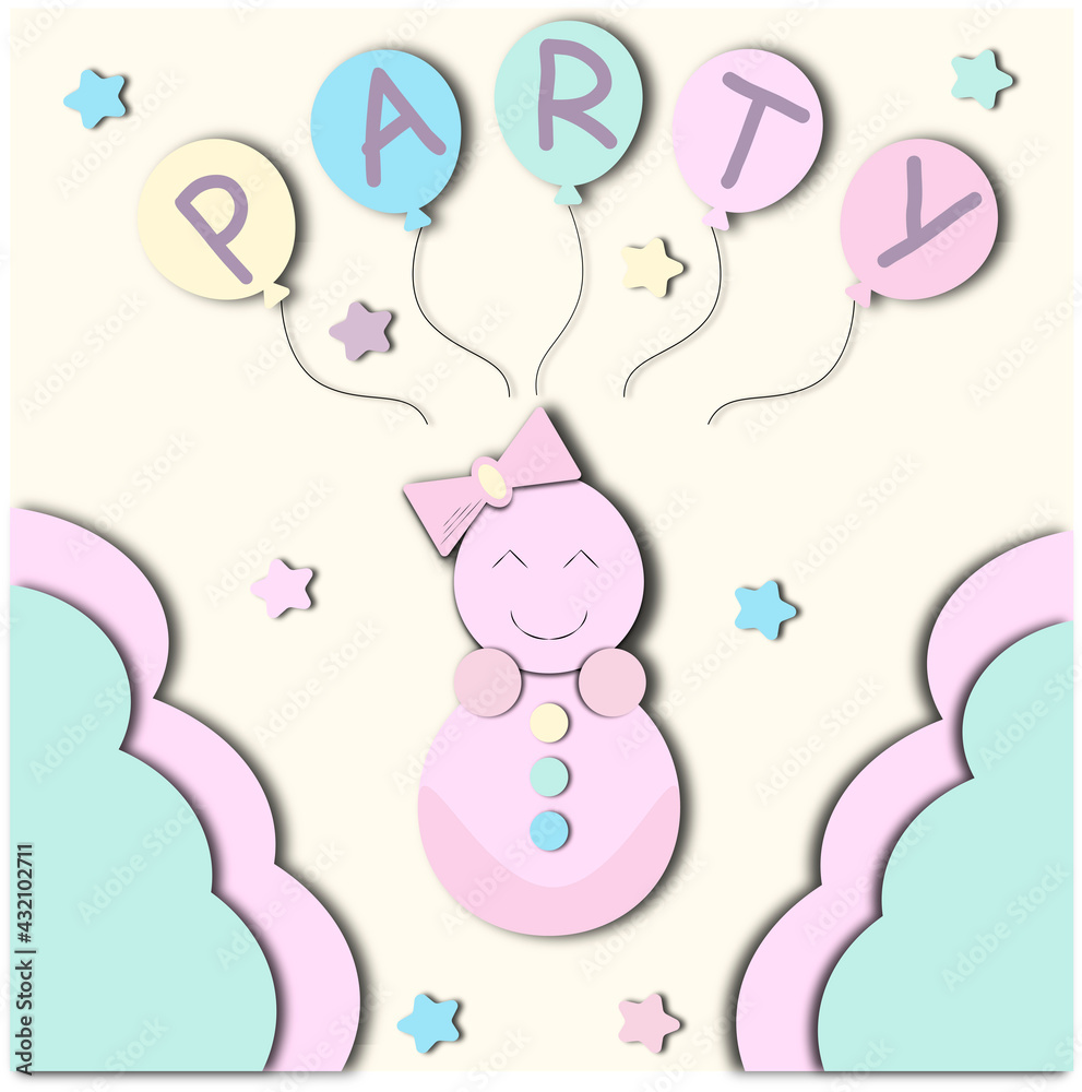 greeting card invitation to a party for children with a cartoon character and balloons