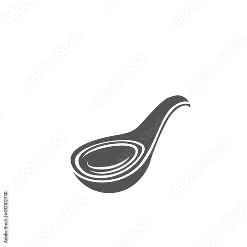 Ceramic spoon or scoop for soup or sauce glyph monochrome icon for design cooking Chinese, Japanese or other oriental cuisine. Vector illustration.