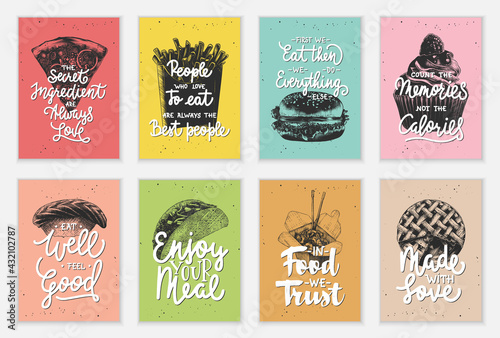Set of 8 advertising fast, street, truck food and eating lettering posters, decoration, prints, cafe interior design. Hand drawn typography with sketches. Handwritten lettering. Mono line calligraphy.