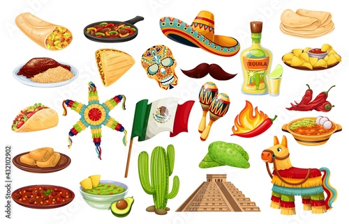 Mexico icons carnival Cinco de mayo vector, Mexican cuisine, traditional holiday fiesta food and festival symbols travel elements illustration. Pinata, burrito, fajitas, cactus, sombrero, flag and ets photo