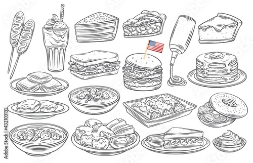 American food outline vector icon. Drawn monochrome corn dog, clam chowder, biscuits and gravy, apple pie, blt. Red velvet cake, grits, monte cristo sandwich, pancakes, maple, spray cheese and ets