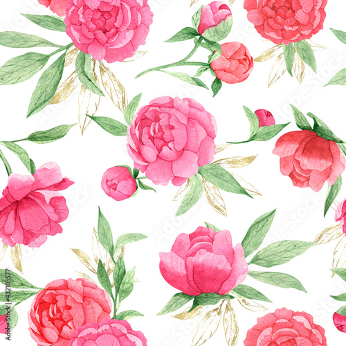 watercolor seamless pattern with pink peonies