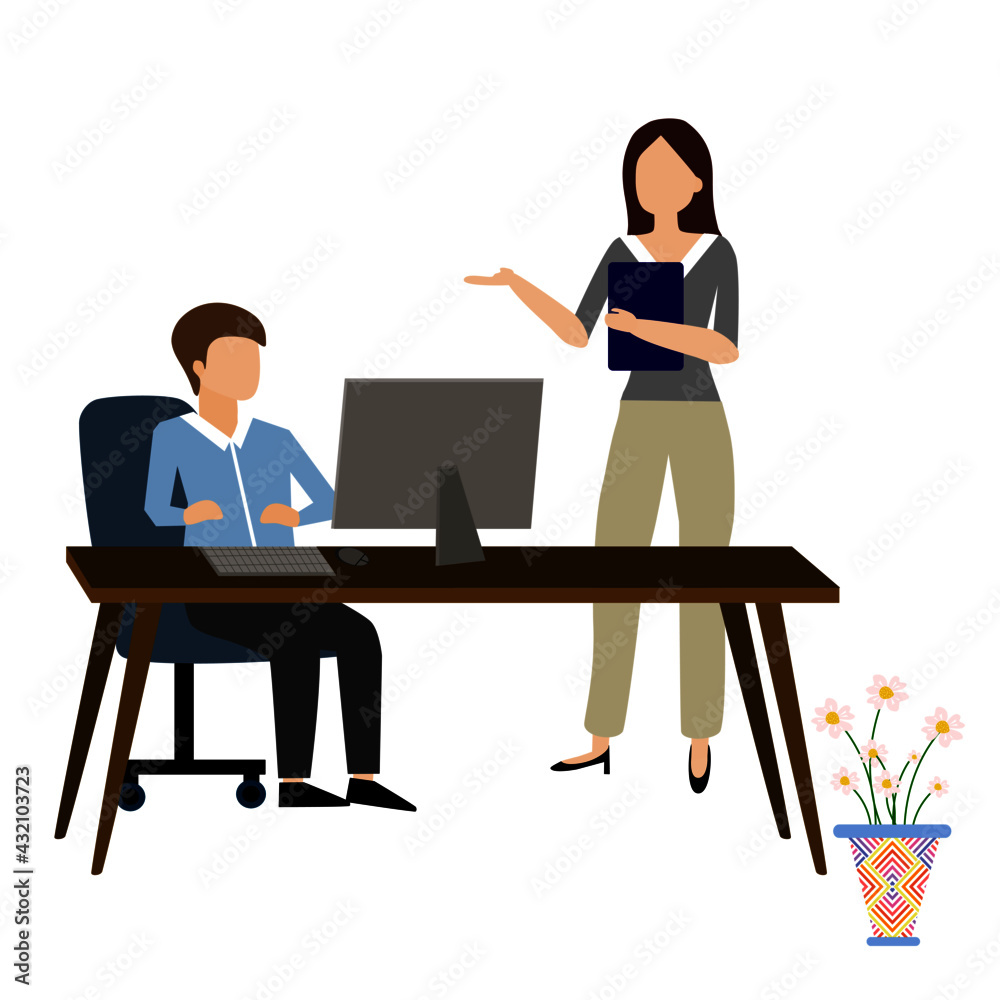 A lady explaining about business plan to a man who sitting on a chair behind lab-top. A lady talking to a man, ask for help. A lady explaining about business plan to a man who sitting on a chair behind lab-top. A lady talking to a man, ask for help.