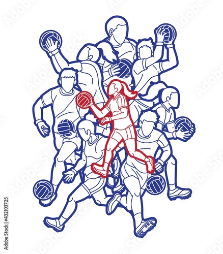 Group of Gaelic Football Male and Female Players Sport Action Cartoon Graphic Vector