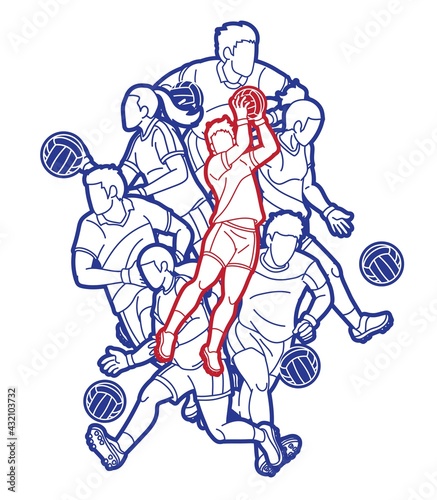 Group of Gaelic Football Male and Female Players Sport Action Cartoon Graphic Vector