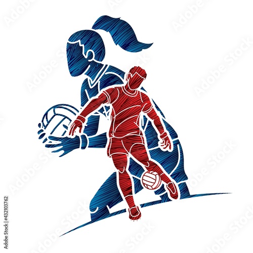 Group of Gaelic Football Male and Female Players Sport Action Cartoon Graphic Vector