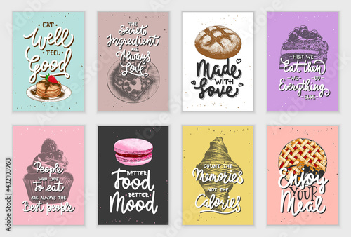 Set of 8 advertising and inspirational baked food and eating lettering posters, decoration, prints, packaging design. Hand drawn typography with sketches. Handwritten lettering. Mono line calligraphy.