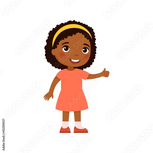 Cute African girl showing thumbs up gesture. Happy little kid, Smiling dark skin toddler, preteen child cartoon character