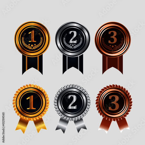 1st, 2nd, 3rd Sports awards three medals, gold, silver and bronze isolated on a black background, Medal set vector with ribbon, Sports medal set vector. 