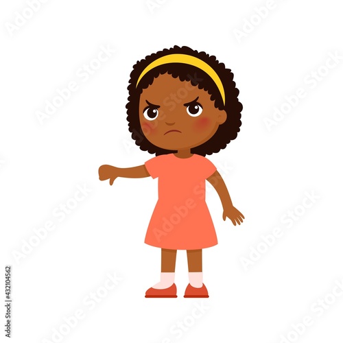 Little African girl showing thumb down gesture. Upset dark skin child standing alone cartoon character. Person negative emotion, disagreement expression