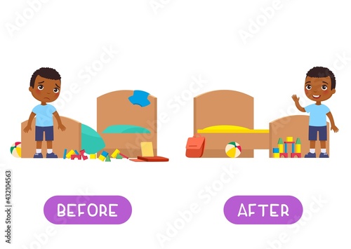 Before and after antonyms word card, Opposites concept. Flashcard for English language learning. Sad African boy stands and there is a mess around. Happy dark skin child stands in a neat room.