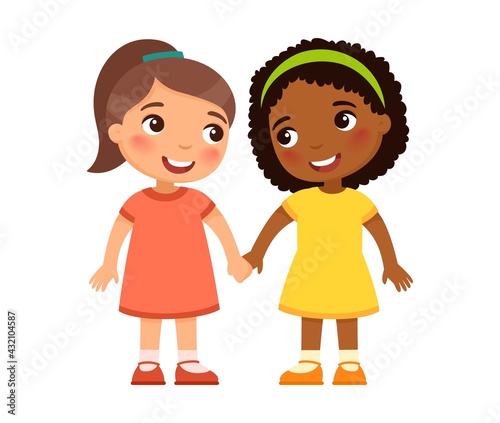 Two multiracial little girls holding hand, cartoon characters. Smiling kids,  Friendship concept. Vector illustration.