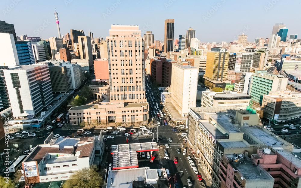 Fototapeta premium High Angle view building and street scenes of Braamfontein Suburb of Johannesburg CBD