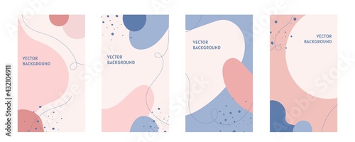 Set of eight abstract backgrounds. Hand drawn various shapes and doodle objects. Contemporary modern trendy vector illustrations. Every background is isolated. Pastel colors