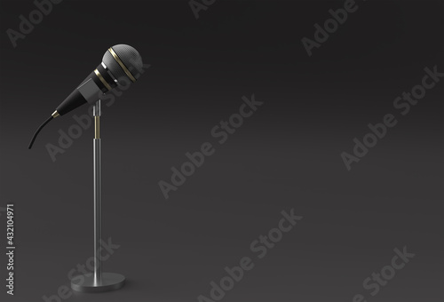 3D Render Retro microphone on short leg and stand, music award model template, karaoke, radio and recording studio sound equipment.