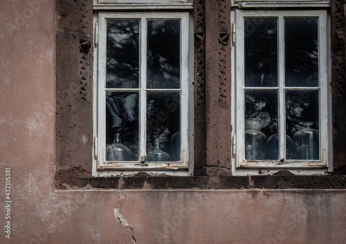 Old window and glass dishes