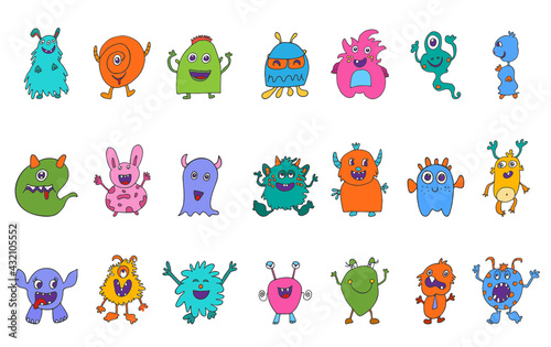 Cute character cartoon baby alien. Amusing baby beast. Bizarre and funny monster. Collection set isolated vector icons. Fantasy creatures.Funny colorful and hand drawn abominable beasts