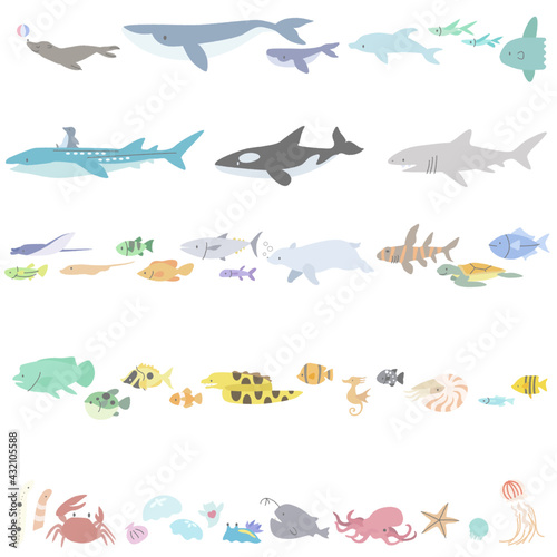 海の動物のイラストセット(罫線)