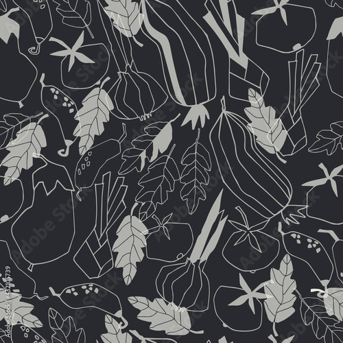 Seamless repeating pattern with vegetables. Geometric black-and-white trendy illustrations on black background