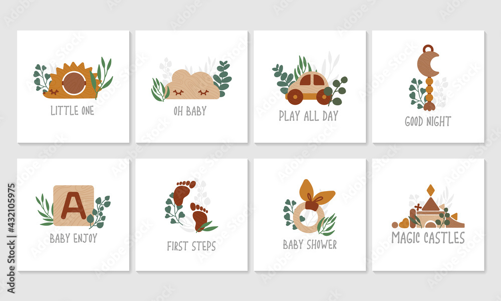 Set of Eco wooden toys with eucalyptus leaves, collection of cute kids card, poster, flyer. Sweet dream. Neutral colors illustration isolated on white. Vector