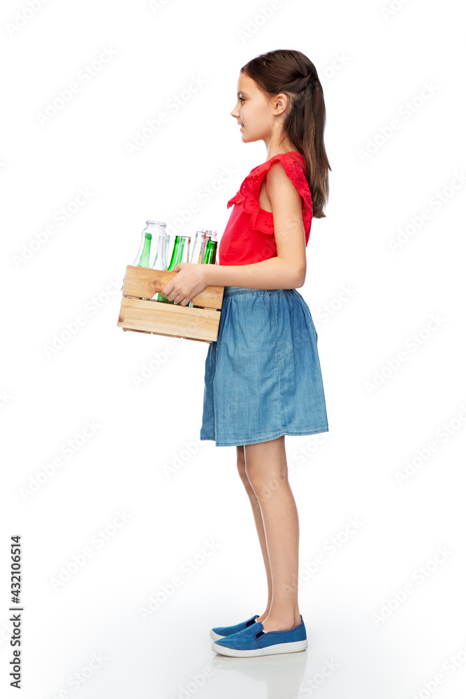 recycling, waste sorting and sustainability concept - smiling girl holding wooden box with glass bottles and jars over white background recycling, waste sorting and sustainability concept - smiling girl holding wooden box with glass bottles and jars over white background
