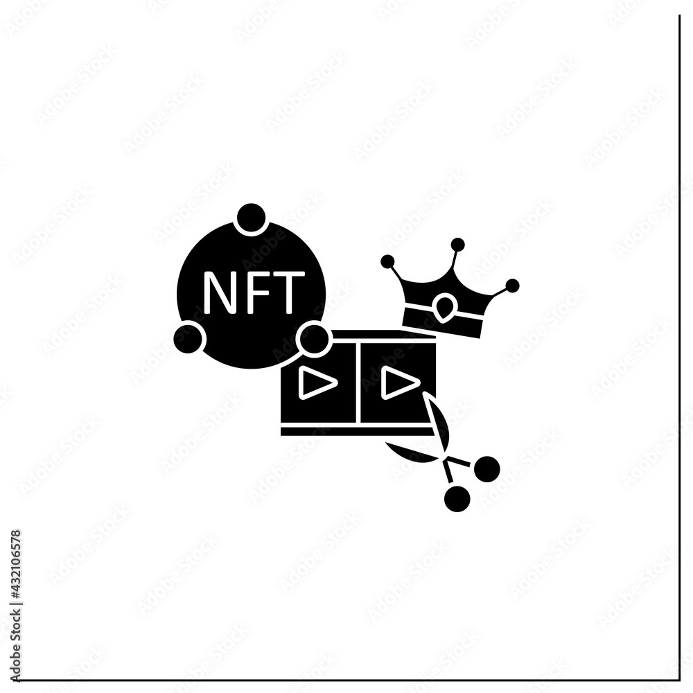 NFT video clips glyph icon.Clips with non fungible token coin. Selling.Represent digital files. Used to commodify digital creations.Filled flat sign. Isolated silhouette vector illustration NFT video clips glyph icon.Clips with non fungible token coin. Selling.Represent digital files. Used to commodify digital creations.Filled flat sign. Isolated silhouette vector illustration