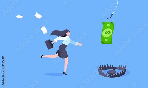 Fishing money chase business concept with businesswoman running after dangling dollar and trying to catch it. Working hard and always busy in the loop routine flat style design vector illustration.