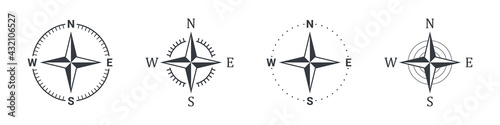 Compass icons. Navigation equipment sign. Compass direction sign. Wind rose icon. Vector illustration