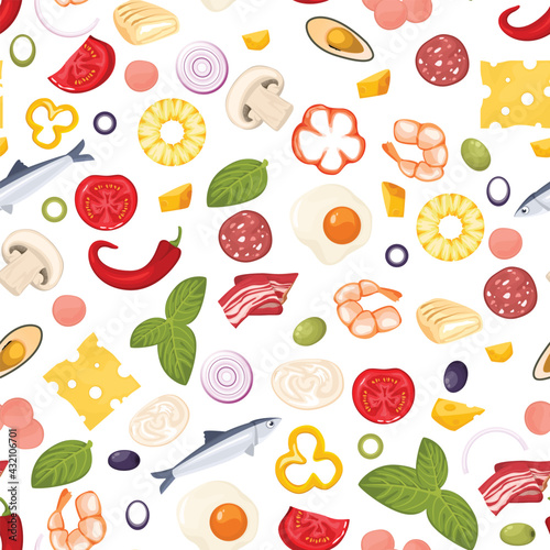 Fototapeta Naklejka Na Ścianę i Meble -  Seamless pattern with food, pizza ingredients. Pattern for box, fabric or packaging. Vector