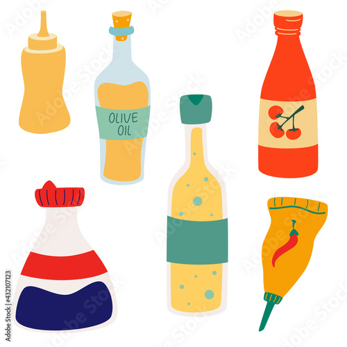 Vector Set of sauces. Sauce bottles. Different sauces, condiments and dressings for culinary cooking. Olive oil, wasabi, vinegar, ketchup, mustard, mayonnaise, tomato ketchup, hot chili, soy bottles.
