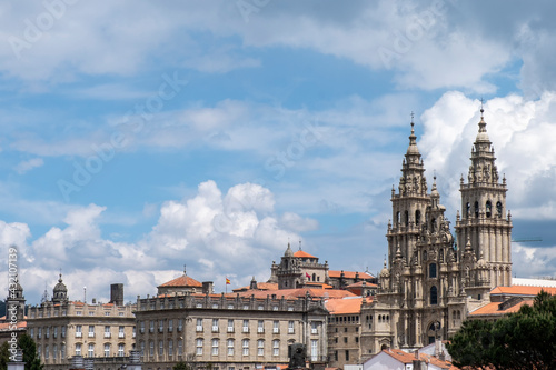 Panoramic view of the cathedral of Santiago de Compostela and monumental area of the city.