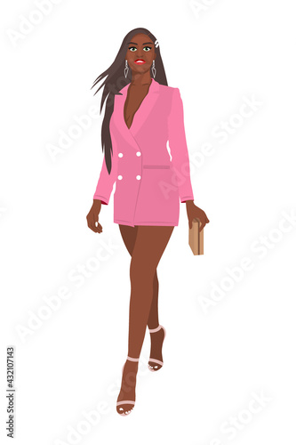 Women on high heels dressed in stylish trendy clothes - Beautiful dark-skinned girl model in pink blazer dress - female fashion illustration