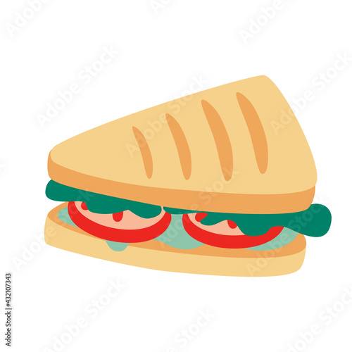 Triangular sandwich with lettuce, tomatoes and cheese. Sandwich, school snack icon. Graphic design elements for menu, advertising, poster, brochure. Fast food vector illustration in cartoon style.