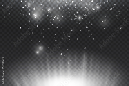 Silver shining with glowing white glitter, shine light effect vector illustration. Bright shiny confetti magic particles and stars, glow of starburst flare on transparent space dark background