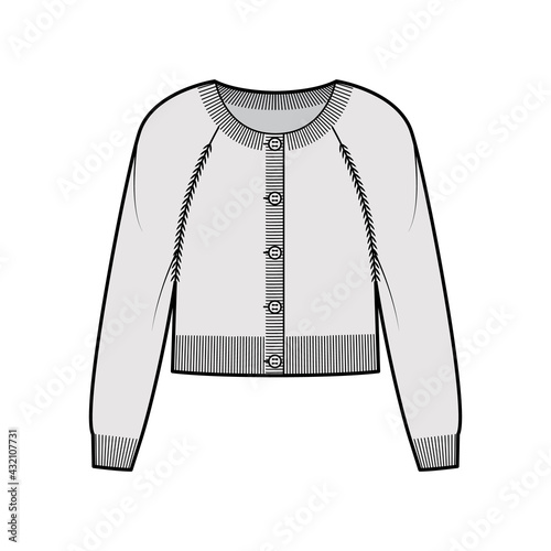 Round neck cardigan cropped sweater technical fashion illustration with long raglan sleeves, relax body, knit rib cuff. Flat jumper apparel front, grey color style. Women, men unisex CAD mockup