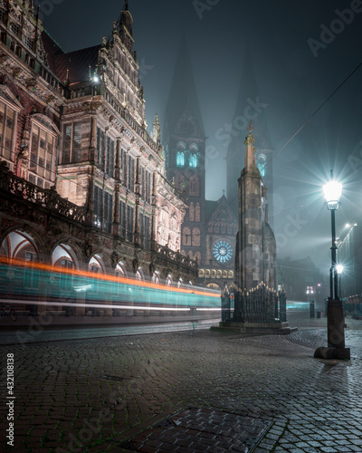 The Bremer Roland, Bremer Dom and the Rathaus on a rainy night