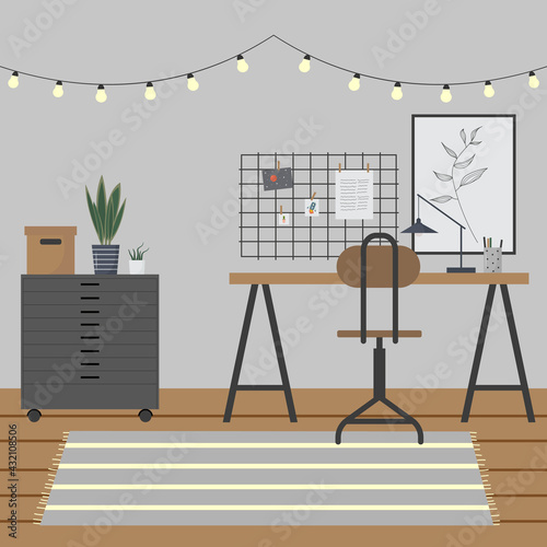 Modern vector workspace or cabinet. Flat vector illustration of home office interior with desk, chair and decor.