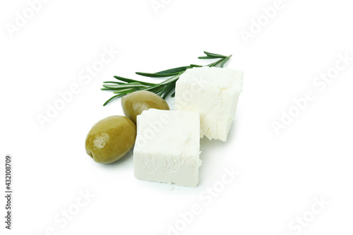 Feta cheese, olives and rosemary isolated on white background