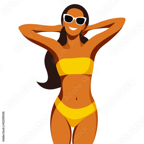 vector illustration on the theme of summer holidays. beautiful young tanned girl in a yellow swimsuit sunbathes on the beach isolated on white background. can be used to advertise summer vacations