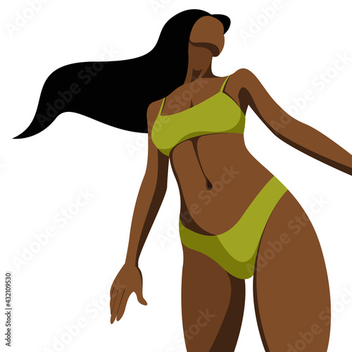 vector illustration on the theme of summer holidays. beautiful young dark-skinned girl is standing on the beach in a green swimsuit with developing hair isolated on white background non-standard angle photo