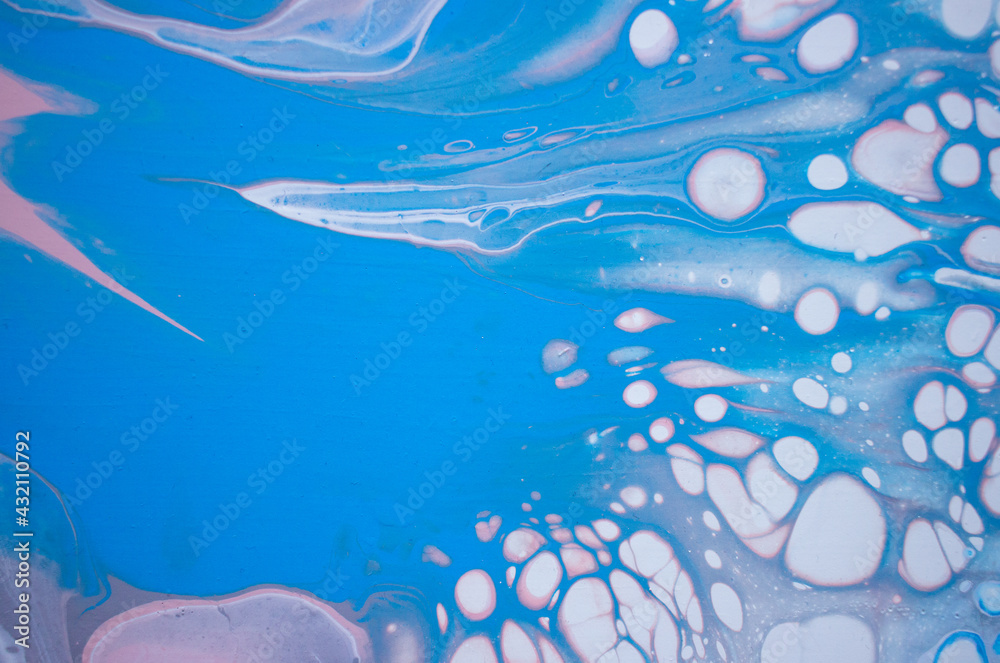 Bright blue paint texture, fluid art paint closeup, blue, pink and white abstract acrylic