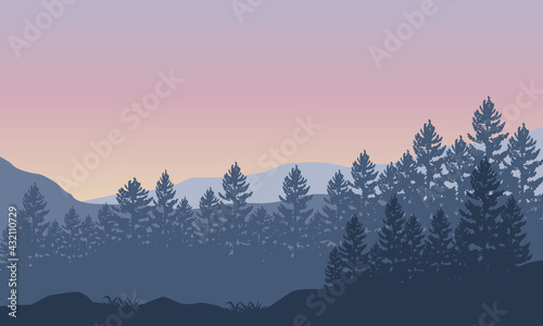 Beautiful Mountain views from the riverbank in the morning with the silhouette of the surrounding pine trees. Vector illustration