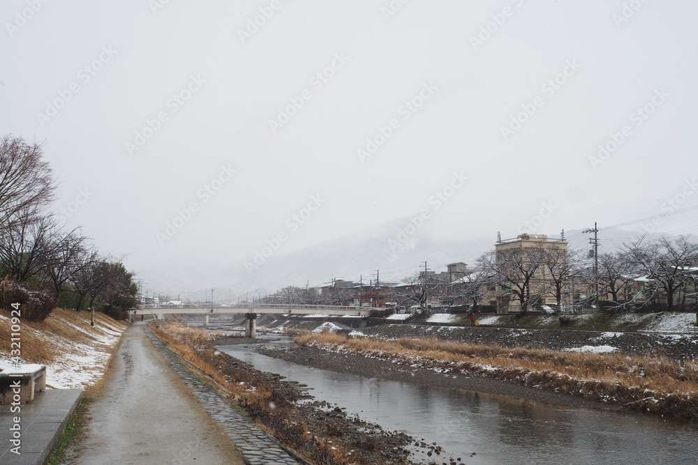 Winter Snow Kamogawa Kamoriver Riverside walkway Winter Snow Kamogawa Kamoriver Riverside walkway