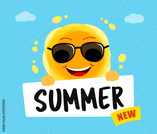 Funny sun with text Summer new. Yellow Cute sunshine cartoon character.