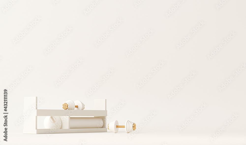 Weights and ball. Pastel cream and beige colors scene. Trendy 3d render for sport fitness equipment, female concept, lifting in the gym and exercise daily background. Healthy lifestyle Weights and ball. Pastel cream and beige colors scene. Trendy 3d render for sport fitness equipment, female concept, lifting in the gym and exercise daily background. Healthy lifestyle
