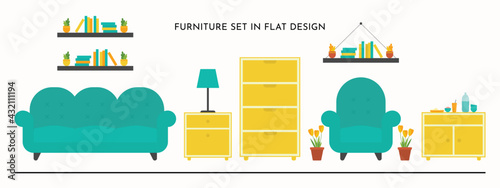 Flat furniture set illustration vector in green sofa yellow cupboard and for living room decoration design