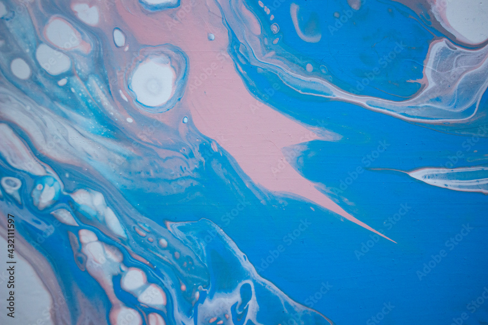 Bright blue paint texture, fluid art paint closeup, blue, pink and white abstract acrylic painting, water texture, acrylic pouring technique
