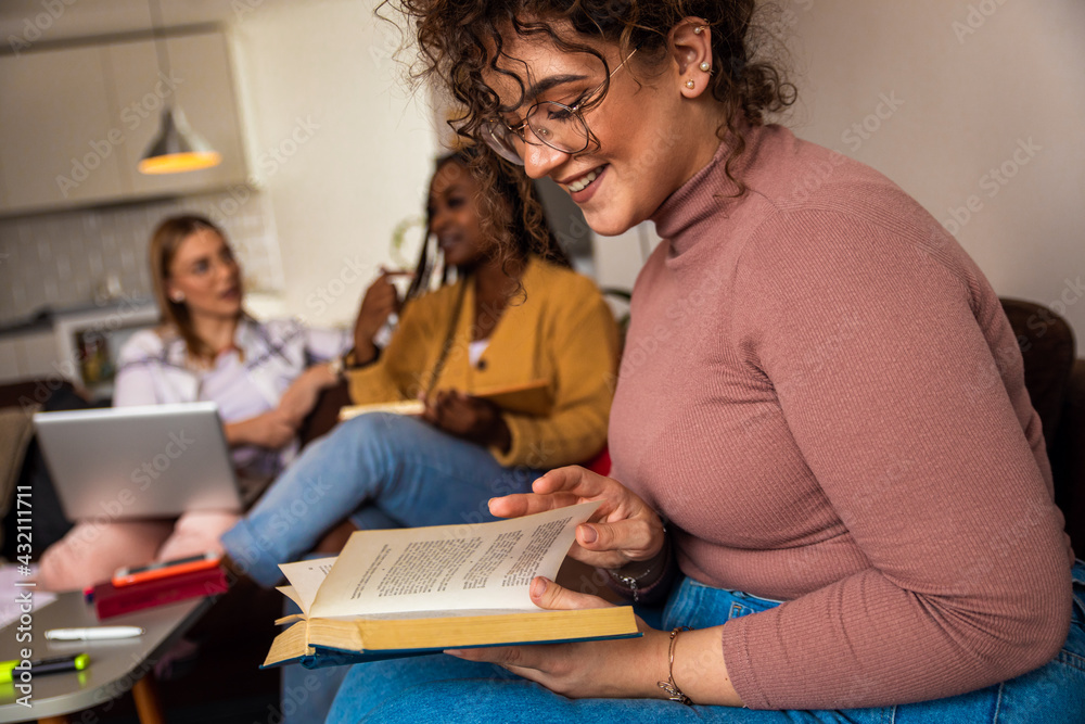 Portrait of female student learning at home with her friends. Portrait of female student learning at home with her friends.